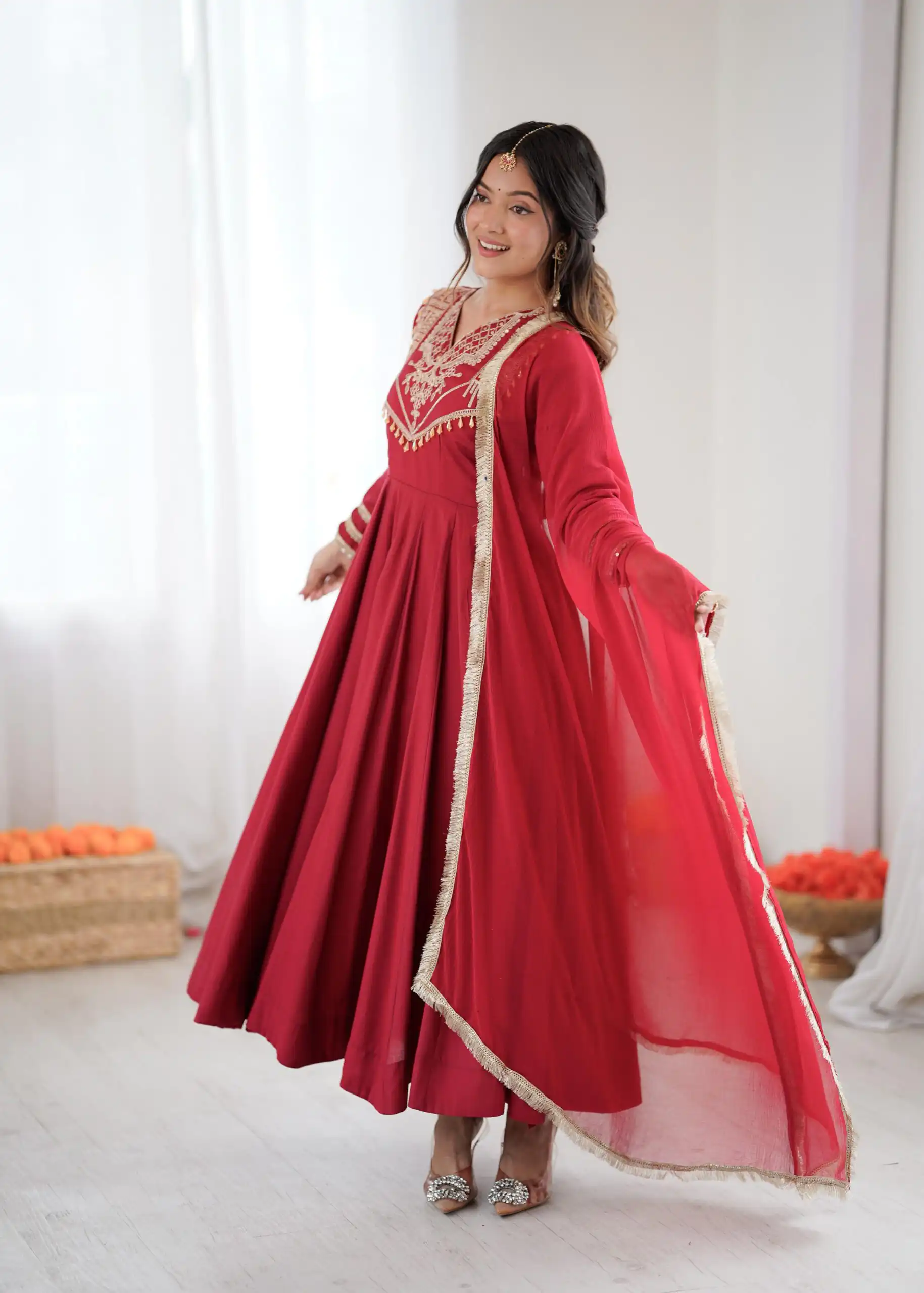 ZSR 3149 Red Roman silk Gown Perfect for Wedding, Party, Sangeet, Haldi, Lohri – . Introductory Price ₹2099. Delivery 4-6 Working Days. Shop now. | Bollywood Gowns, Creative Gowns, Designer Gowns, Embroidered Gowns, Gowns, Party Wear Gowns
