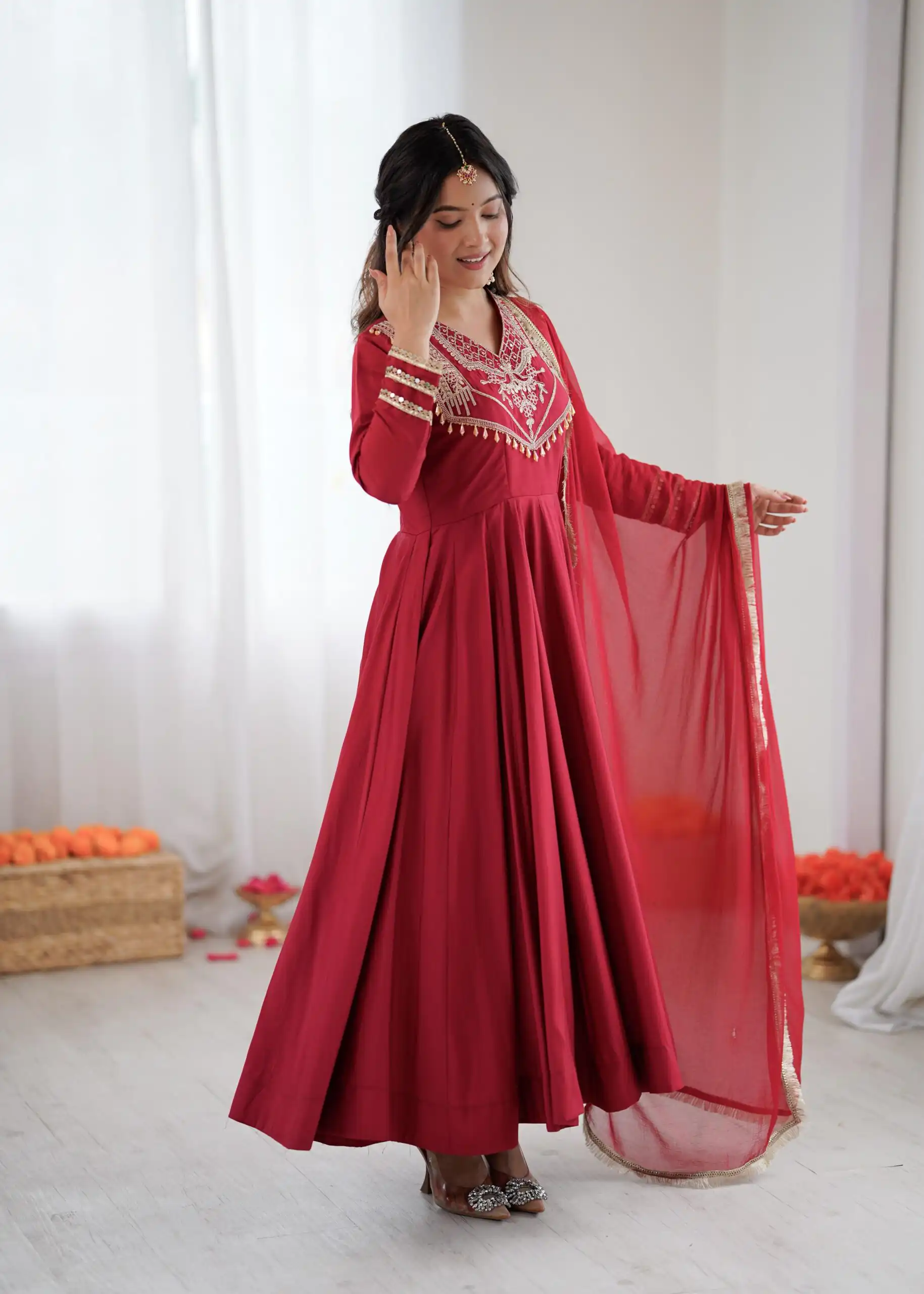 ZSR 3149 Red Roman silk Gown Perfect for Wedding, Party, Sangeet, Haldi, Lohri – . Introductory Price ₹2099. Delivery 4-6 Working Days. Shop now. | Bollywood Gowns, Creative Gowns, Designer Gowns, Embroidered Gowns, Gowns, Party Wear Gowns