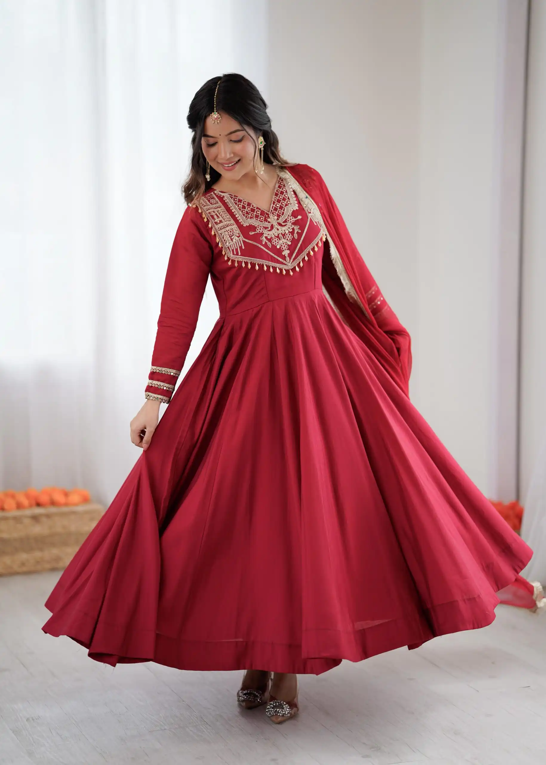 ZSR 3149 Red Roman silk Gown Perfect for Wedding, Party, Sangeet, Haldi, Lohri – . Introductory Price ₹2099. Delivery 4-6 Working Days. Shop now. | Bollywood Gowns, Creative Gowns, Designer Gowns, Embroidered Gowns, Gowns, Party Wear Gowns
