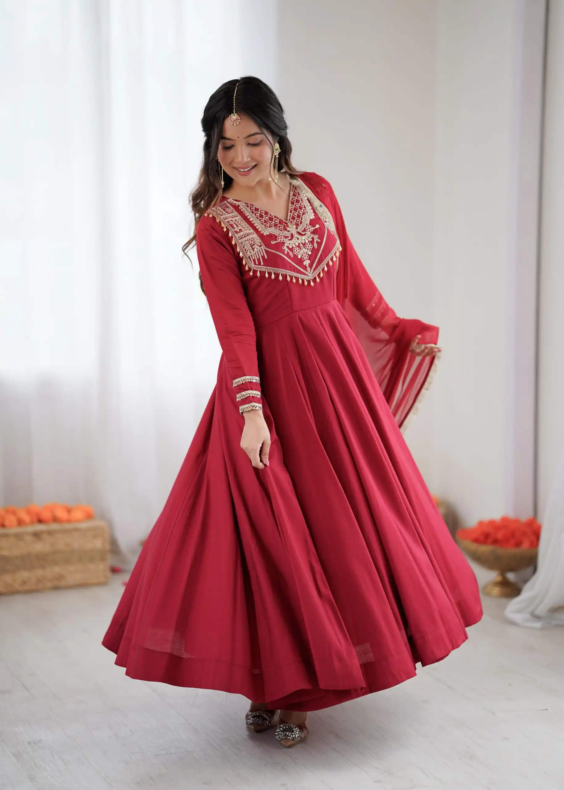 ZSR 3149 Red Roman silk Gown Perfect for Wedding, Party, Sangeet, Haldi, Lohri – . Introductory Price ₹2099. Delivery 4-6 Working Days. Shop now. | Bollywood Gowns, Creative Gowns, Designer Gowns, Embroidered Gowns, Gowns, Party Wear Gowns