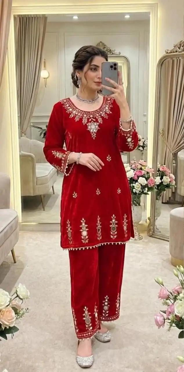 BE 423 Red Velvet Salwar Suit with Embroidery Work & Mirror Work. Now at just ₹1849. Delivery 4-6 Working Days. Shop now. | Casual Suits, Jump Suits, Tops & Bottoms, Track Suits, Trendy Wear, Creative suits, Designer Suits, Palazzo Suits, Party Wear Suits, Patiala Suits, Salwar suit, Straight Suits
