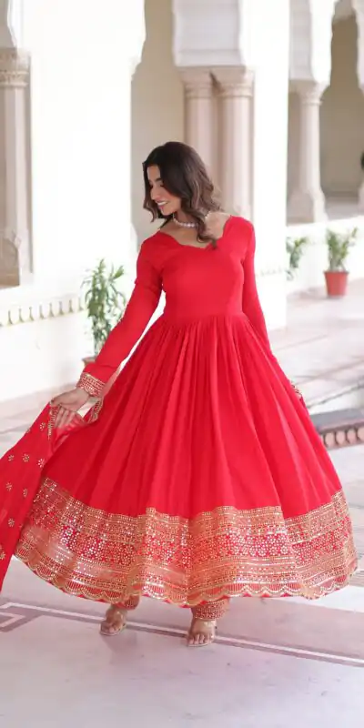 KA 1209 Red Vichitra Silk Gown with Embroidery Work & Sequins Work. Get it for ₹2499. Delivery 4-6 Working Days. Shop now. | Bollywood Gowns, Creative Gowns, Designer Gowns, Embroidered Gowns, Gowns, Party Wear Gowns