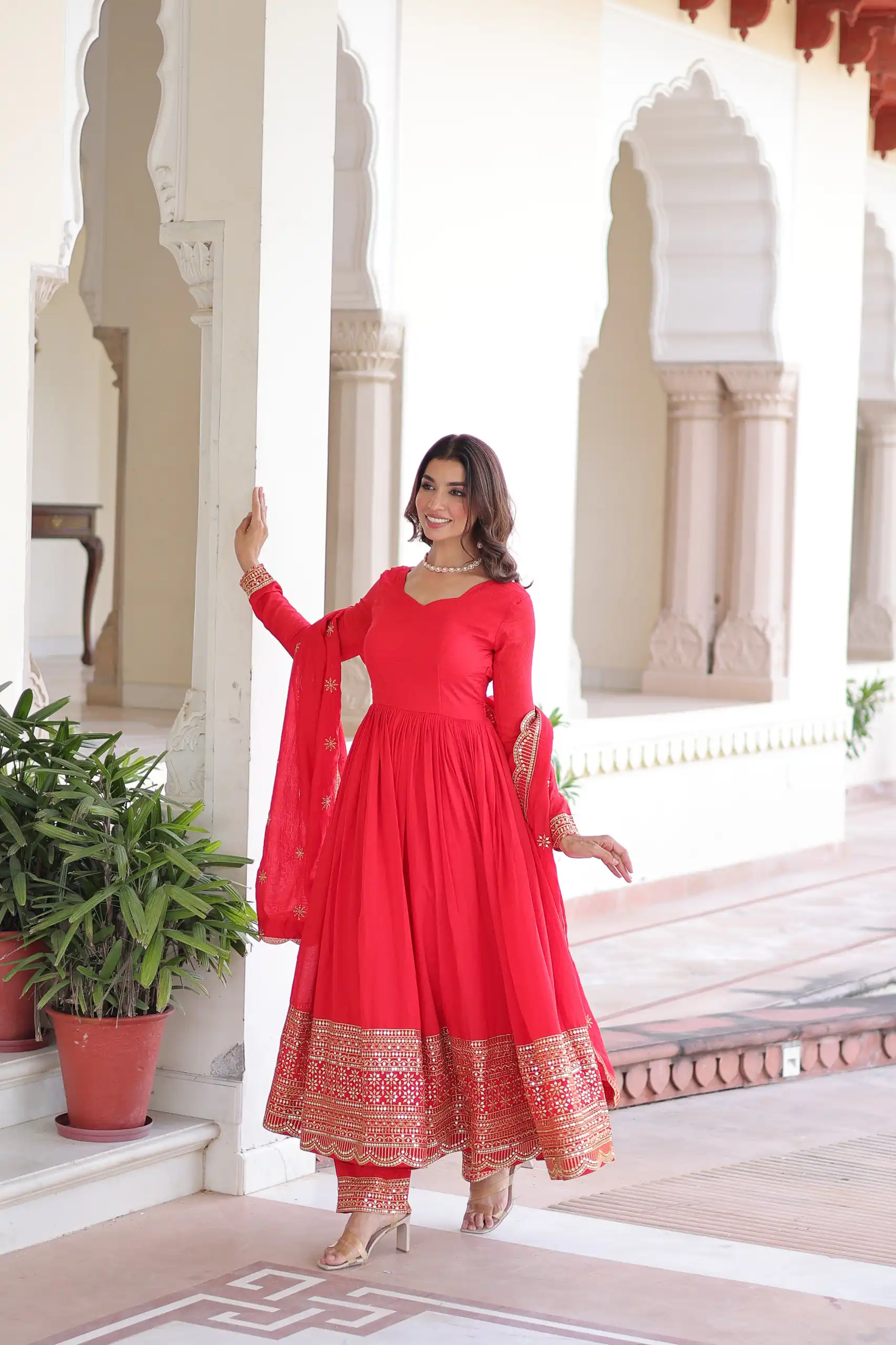 KA 1209 Red Vichitra Silk Gown with Embroidery Work & Sequins Work. Get it for ₹2499. Delivery 4-6 Working Days. Shop now. | Bollywood Gowns, Creative Gowns, Designer Gowns, Embroidered Gowns, Gowns, Party Wear Gowns