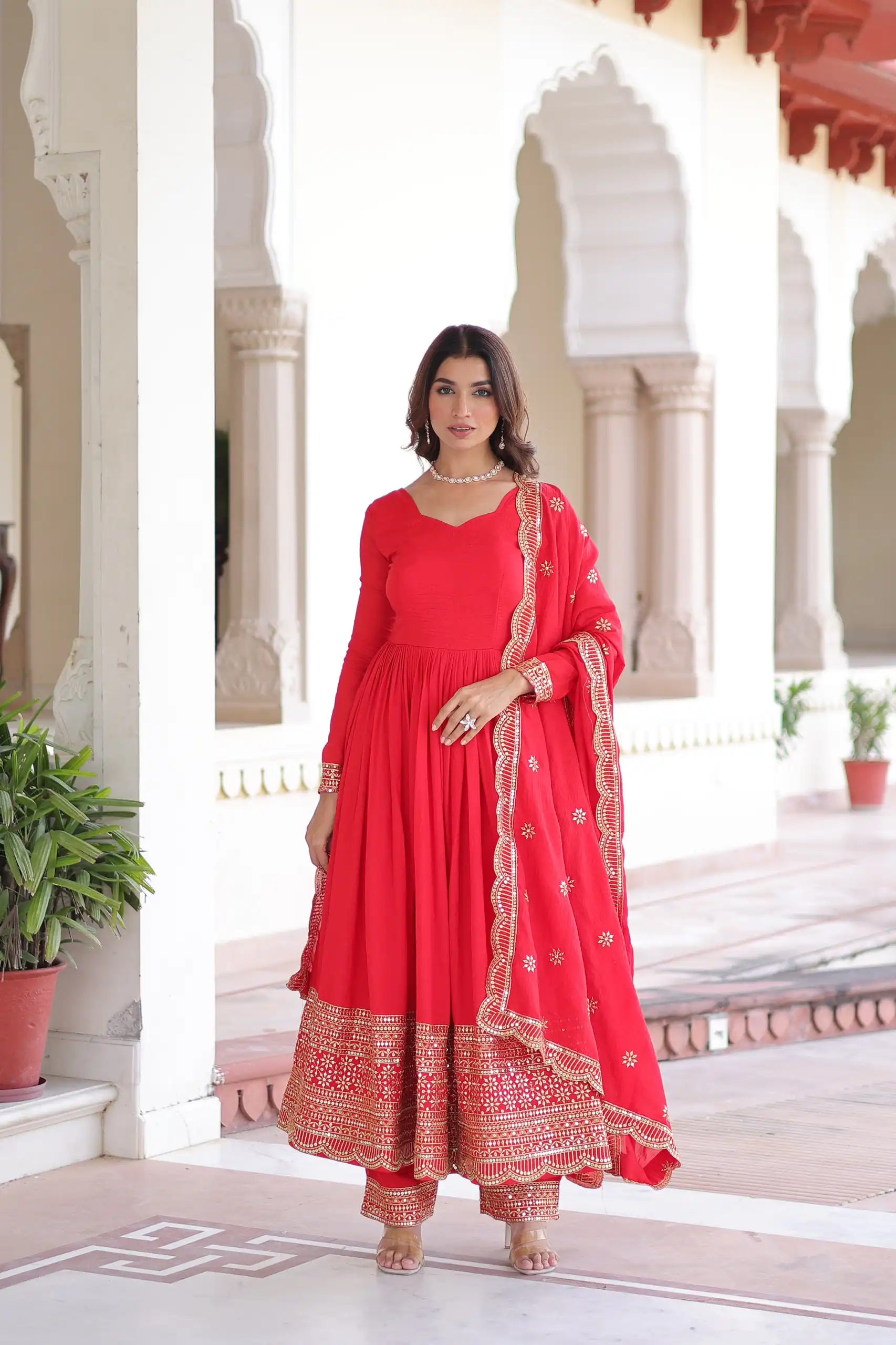 KA 1209 Red Vichitra Silk Gown with Embroidery Work & Sequins Work. Get it for ₹2499. Delivery 4-6 Working Days. Shop now. | Bollywood Gowns, Creative Gowns, Designer Gowns, Embroidered Gowns, Gowns, Party Wear Gowns