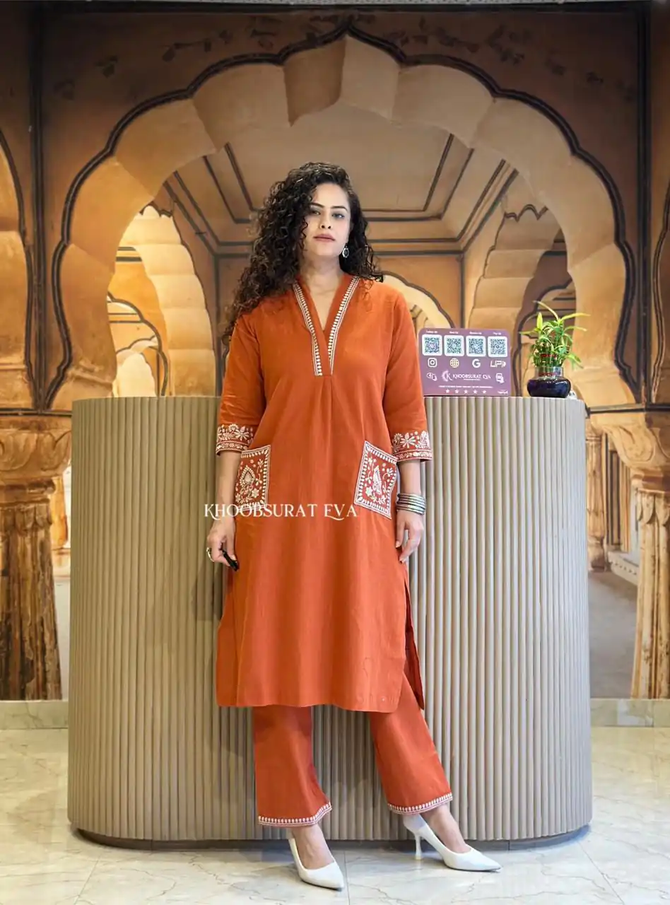 MF 899 Rust in Color Cambric Cotton Embroidery Work & Lace Work Kurti . Best Price ₹1449. Delivery 4-6 Working Days. Shop now. | Bollywood Kurti, Creative Kurtis, Designer Kurti, Kurti, Party Wear Kurti, Selfie Kurti