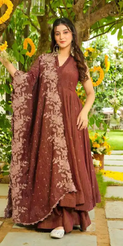 LG 2046 Rust Crunchy Salwar Suit with Embroidery Work. Wedding, Party, Festive, Events, Exclusive Offer ₹2099. Delivery 4-6 Working Days. Shop now. | Casual Suits, Jump Suits, Tops & Bottoms, Track Suits, Trendy Wear, Creative suits, Designer Suits, Palazzo Suits, Party Wear Suits, Patiala Suits, Salwar suit, Straight Suits