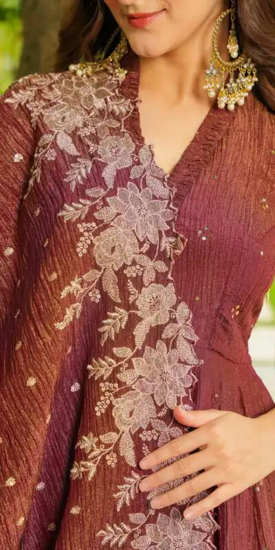 LG 2046 Rust Crunchy Salwar Suit with Embroidery Work. Wedding, Party, Festive, Events, Exclusive Offer ₹2099. Delivery 4-6 Working Days. Shop now. | Casual Suits, Jump Suits, Tops & Bottoms, Track Suits, Trendy Wear, Creative suits, Designer Suits, Palazzo Suits, Party Wear Suits, Patiala Suits, Salwar suit, Straight Suits