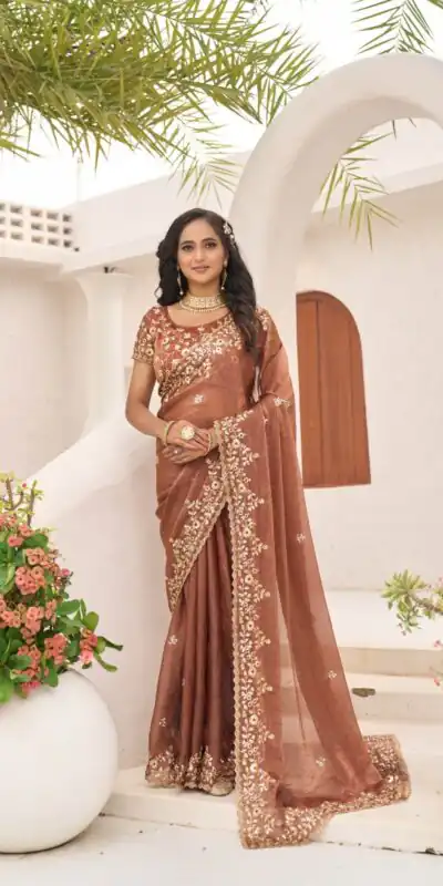 JR 645 Rust Fandy chiffon Saree Perfect for Wedding, Party, Housewarming, Durga Puja, Traditional Day – . Special Price ₹1949. Delivery 4-6 Working Day | Creative Sarees, Embroidered Sarees, Bollywood Sarees, Designer Sarees, Ethnic Saree, Modern Digital sarees, Party Wear Sarees, Sarees