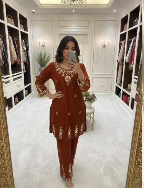 BE 423 Rust Velvet Salwar Suit with Embroidery Work & Mirror Work. Now at just ₹1849. Delivery 4-6 Working Days. Shop now. | Casual Suits, Jump Suits, Tops & Bottoms, Track Suits, Trendy Wear, Creative suits, Designer Suits, Palazzo Suits, Party Wear Suits, Patiala Suits, Salwar suit, Straight Suits