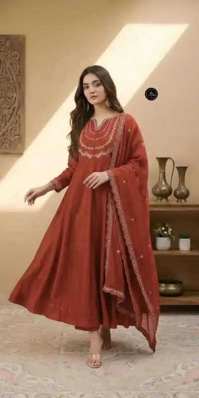 MF 912 Rust Color Vichitra Silk Gown with Sequence Work Designer Work. Get it for ₹1799. Delivery 4-6 Working Days. Shop now. | Bollywood Gowns, Creative Gowns, Designer Gowns, Embroidered Gowns, Gowns, Party Wear Gowns
