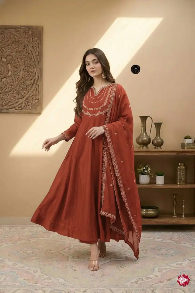 MF 912 Rust Color Vichitra Silk Gown with Sequence Work Designer Work. Get it for ₹1799. Delivery 4-6 Working Days. Shop now. | Bollywood Gowns, Creative Gowns, Designer Gowns, Embroidered Gowns, Gowns, Party Wear Gowns