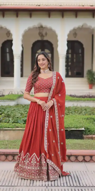 KA 5055 Rust Vichitra Silk Lehenga Choli with Embroidery Work & Sequins Work. Introductory Price ₹3049. Delivery 4-6 Working Days. Shop now. | Bollywood Lehenga, Creative Lehenga, Designer Lehenga, Embroidered Lehenga, Lehenga, Party Wear Lehenga