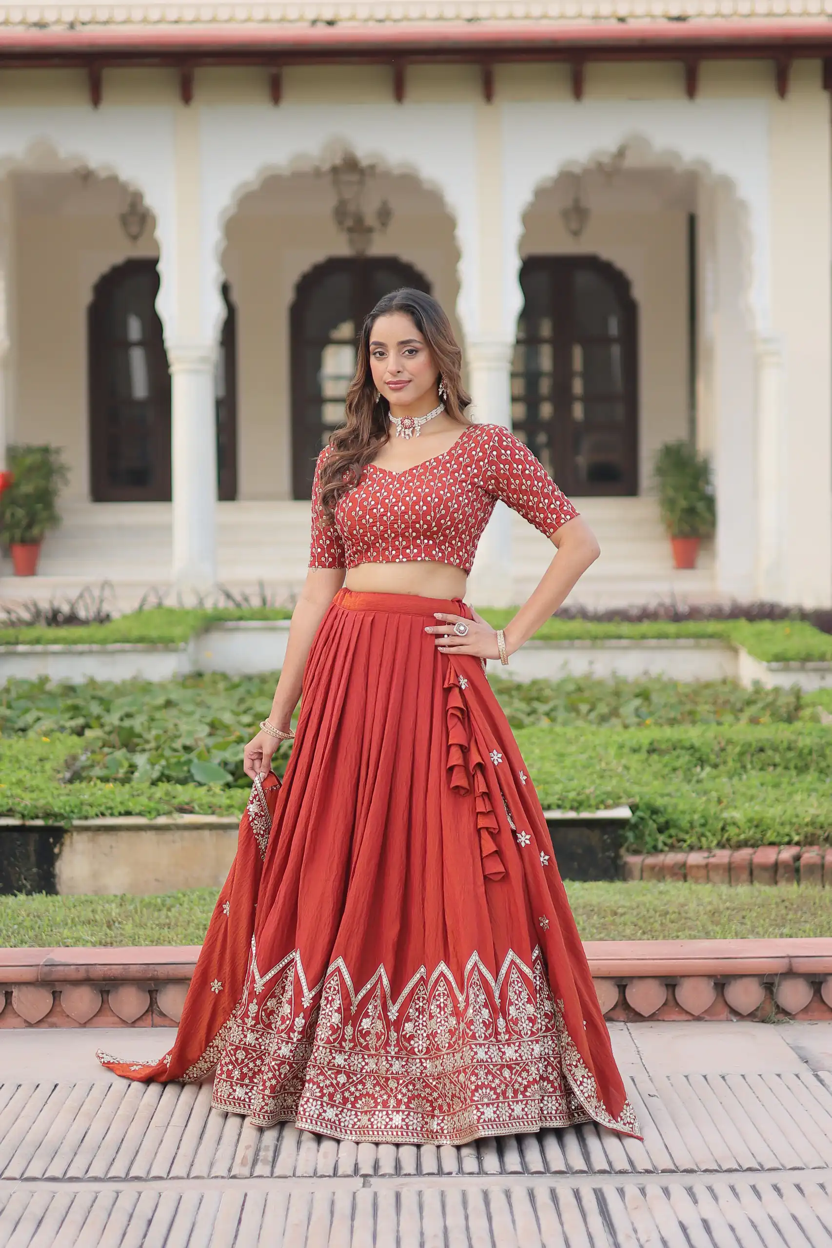 KA 5055 Rust Vichitra Silk Lehenga Choli with Embroidery Work & Sequins Work. Introductory Price ₹3049. Delivery 4-6 Working Days. Shop now. | Bollywood Lehenga, Creative Lehenga, Designer Lehenga, Embroidered Lehenga, Lehenga, Party Wear Lehenga