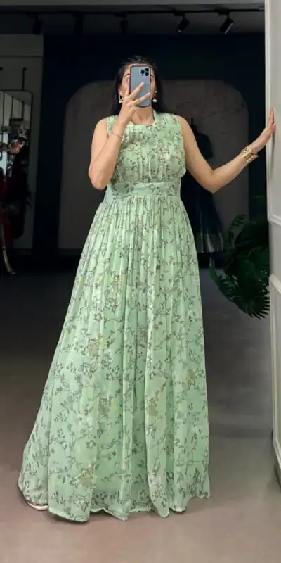 YNF 5200 Sea Green Color Weightless Marbal Gown with Designer Work. Available at ₹1649 only. Delivery 4-6 Working Days. Shop now. | Bollywood Gowns, Creative Gowns, Designer Gowns, Embroidered Gowns, Gowns, Party Wear Gowns