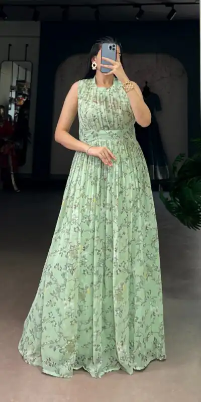 YNF 5200 Sea Green Color Weightless Marbal Gown with Designer Work. Available at ₹1649 only. Delivery 4-6 Working Days. Shop now. | Bollywood Gowns, Creative Gowns, Designer Gowns, Embroidered Gowns, Gowns, Party Wear Gowns