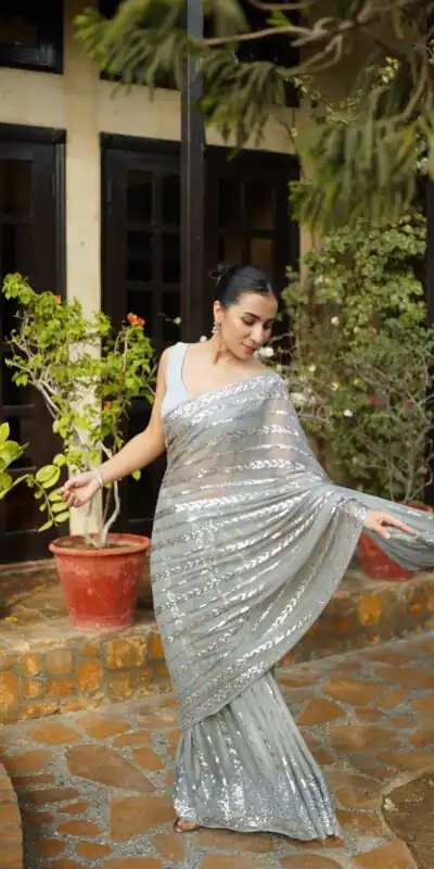 JR 635 Silver Georgette Saree with Lace Work & Embroidery Work. Exclusive Offer ₹1949. Delivery 4-6 Working Days. Shop now. | Creative Sarees, Bollywood Sarees, Designer Sarees, Embroidered Sarees, Ethnic Saree, Modern Digital sarees, Party Wear Sarees, Sarees