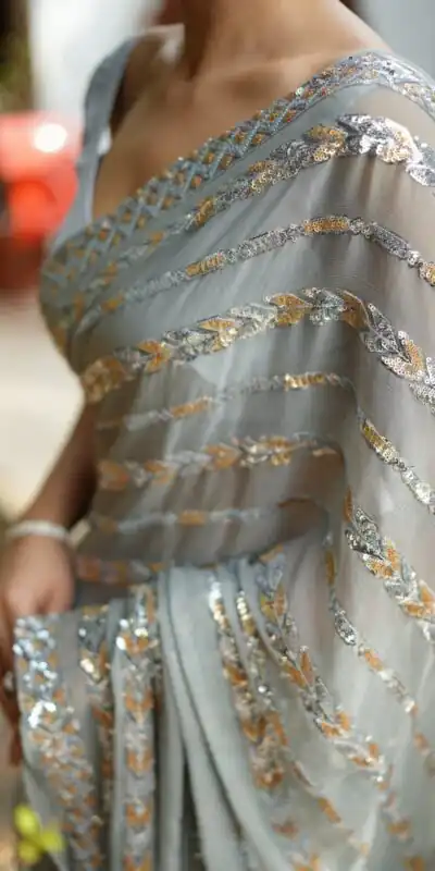 JR 635 Silver Georgette Saree with Lace Work & Embroidery Work. Exclusive Offer ₹1949. Delivery 4-6 Working Days. Shop now. | Creative Sarees, Bollywood Sarees, Designer Sarees, Embroidered Sarees, Ethnic Saree, Modern Digital sarees, Party Wear Sarees, Sarees