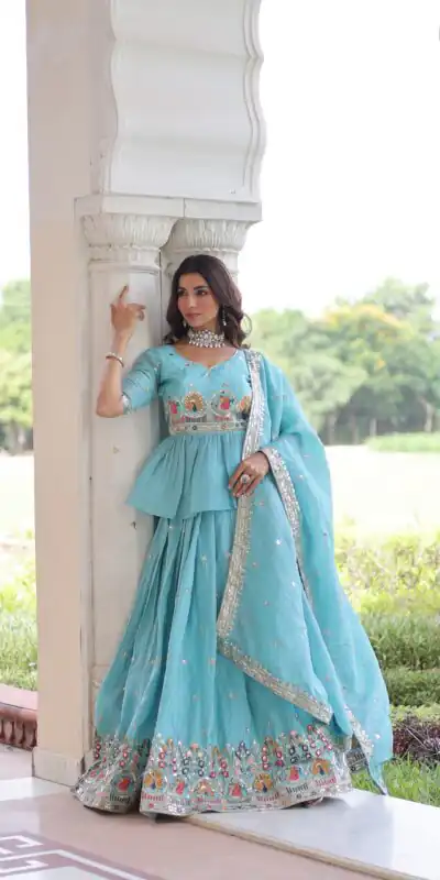KA 5058 Sky Blue in Gold Crush Embroidery Work & Zari Work Lehenga Choli . Special Price ₹2649. Delivery 4-6 Working Days. Shop now. | Bollywood Lehenga, Creative Lehenga, Designer Lehenga, Embroidered Lehenga, Lehenga, Party Wear Lehenga