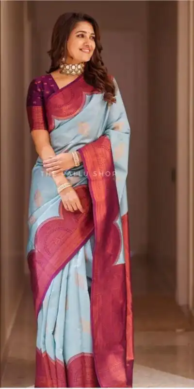KPR 133 Sky Blue Color Soft Lichi Silk Saree with Designer Work. Exclusive Offer ₹1399. Delivery 4-6 Working Days. Shop now. | Creative Sarees, Embroidered Sarees, Bollywood Sarees, Designer Sarees, Ethnic Saree, Modern Digital sarees, Party Wear Sarees, Sarees