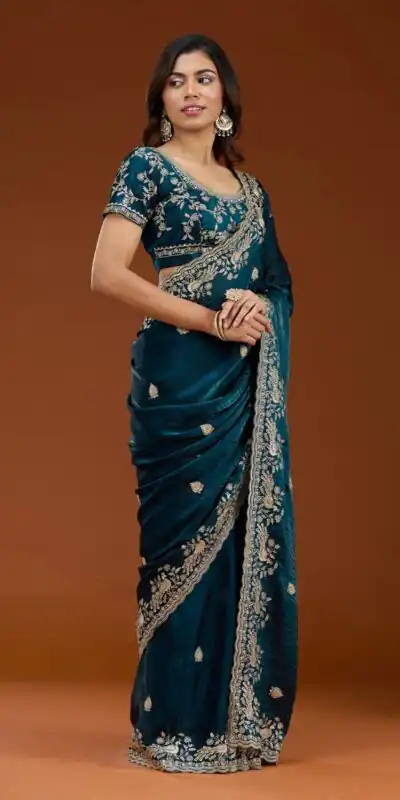 E BT 438 Teal in Fandy Satin Silk mbroidery Work & Zari Work Saree. Special Price ₹1949. Delivery 4-6 Working Days. Shop now. | Creative Sarees, Embroidered Sarees, Bollywood Sarees, Designer Sarees, Ethnic Saree, Modern Digital sarees, Party Wear Sarees, Sarees