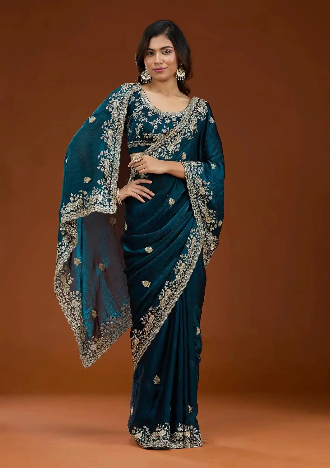 E BT 438 Teal in Fandy Satin Silk mbroidery Work & Zari Work Saree. Special Price ₹1949. Delivery 4-6 Working Days. Shop now. | Creative Sarees, Embroidered Sarees, Bollywood Sarees, Designer Sarees, Ethnic Saree, Modern Digital sarees, Party Wear Sarees, Sarees