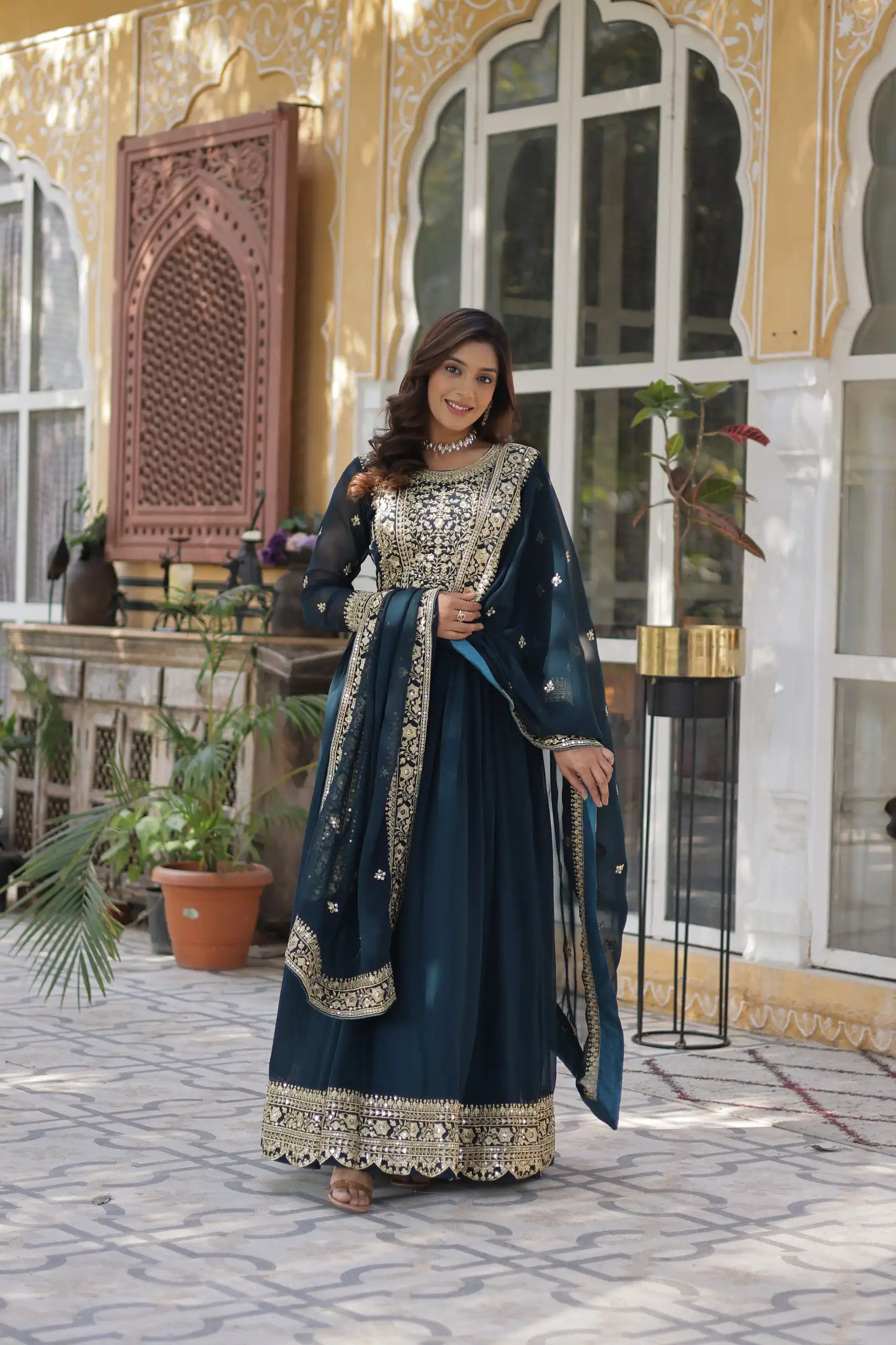 KA 1153 Teal Faux Blooming Gown with Embroidery Work & Zari Work. Available at ₹2599 only. Delivery 4-6 Working Days. Shop now. | Bollywood Gowns, Creative Gowns, Designer Gowns, Embroidered Gowns, Gowns, Party Wear Gowns