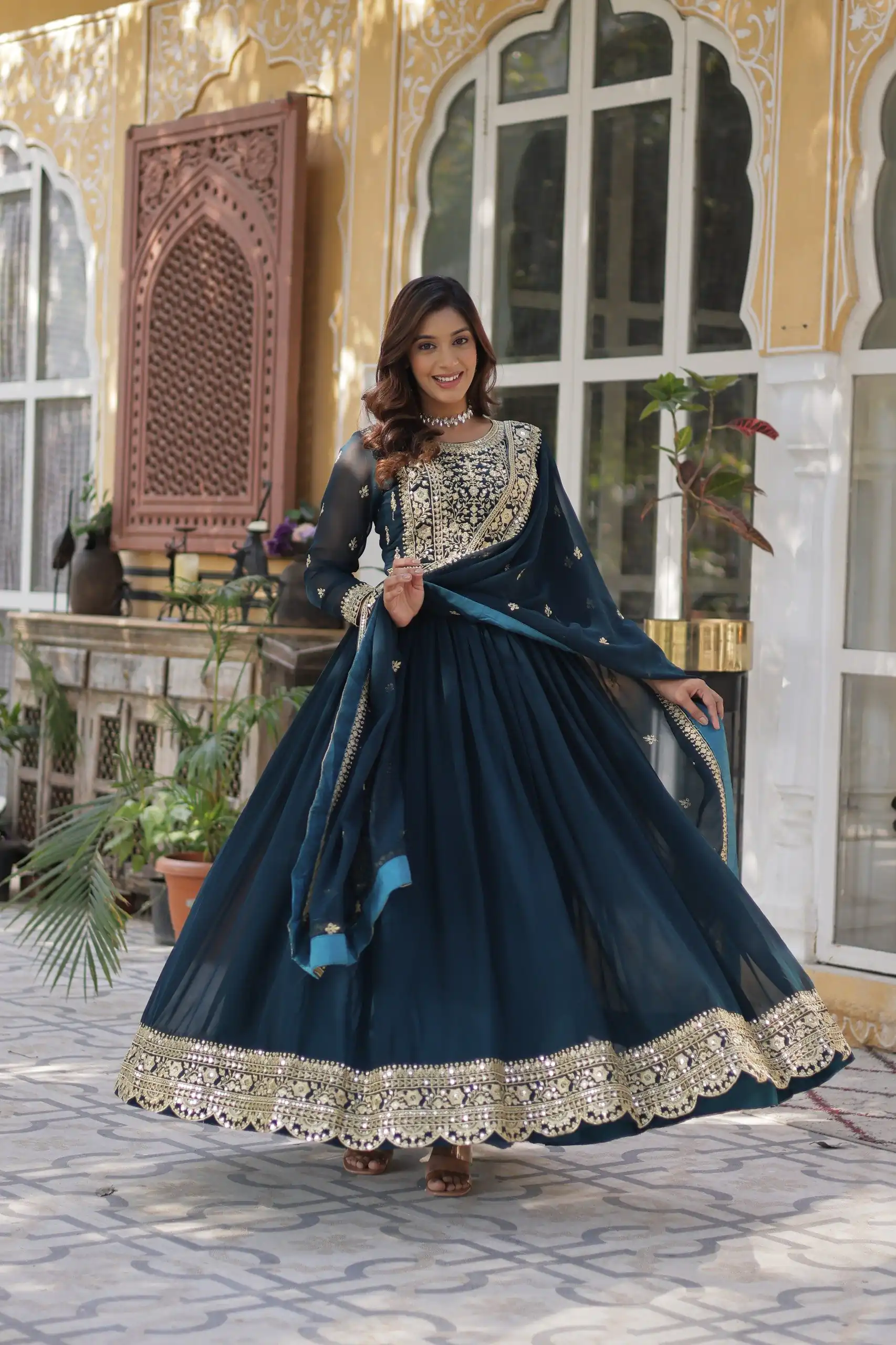 KA 1153 Teal Faux Blooming Gown with Embroidery Work & Zari Work. Available at ₹2599 only. Delivery 4-6 Working Days. Shop now. | Bollywood Gowns, Creative Gowns, Designer Gowns, Embroidered Gowns, Gowns, Party Wear Gowns