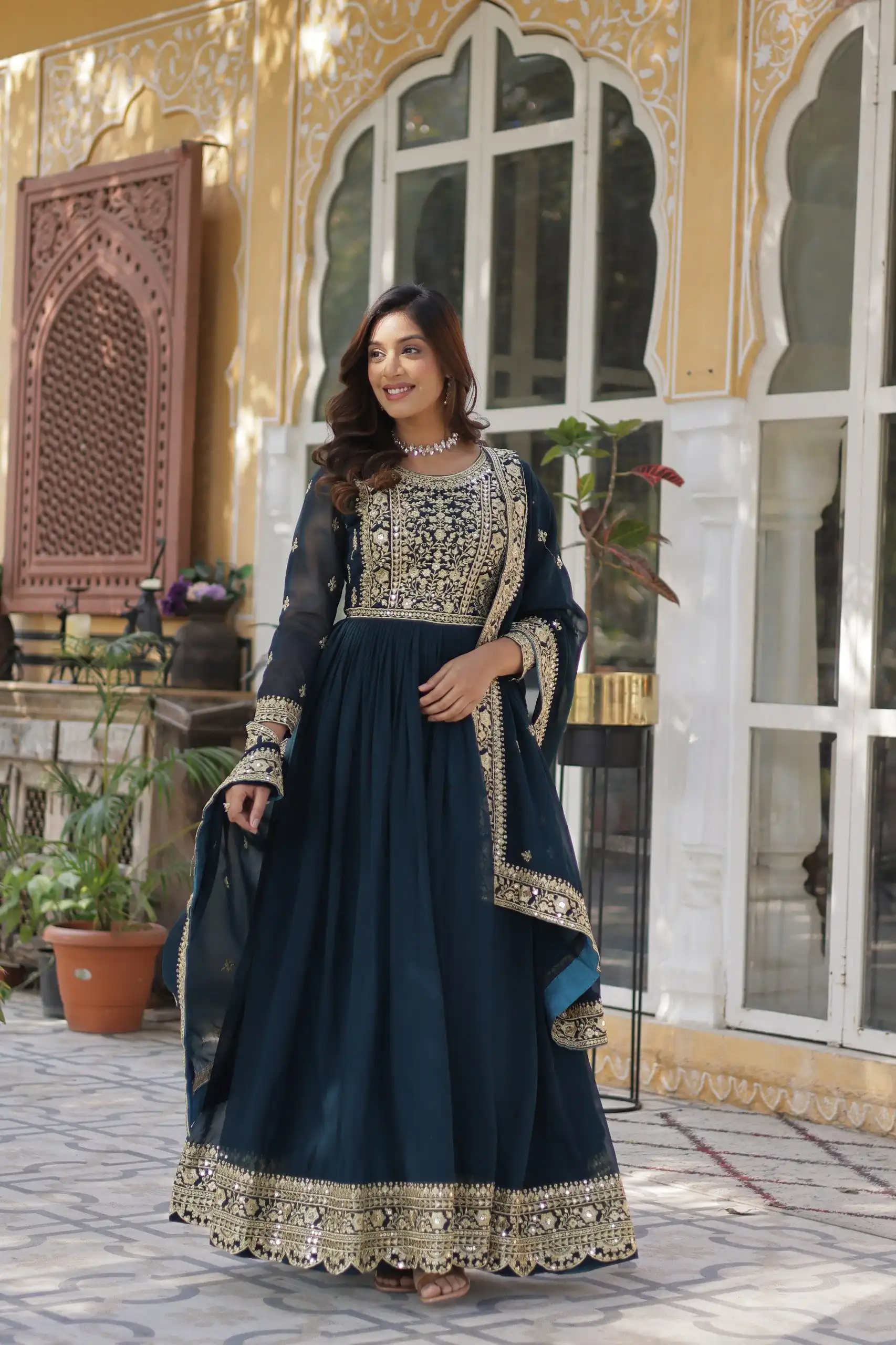 KA 1153 Teal Faux Blooming Gown with Embroidery Work & Zari Work. Available at ₹2599 only. Delivery 4-6 Working Days. Shop now. | Bollywood Gowns, Creative Gowns, Designer Gowns, Embroidered Gowns, Gowns, Party Wear Gowns