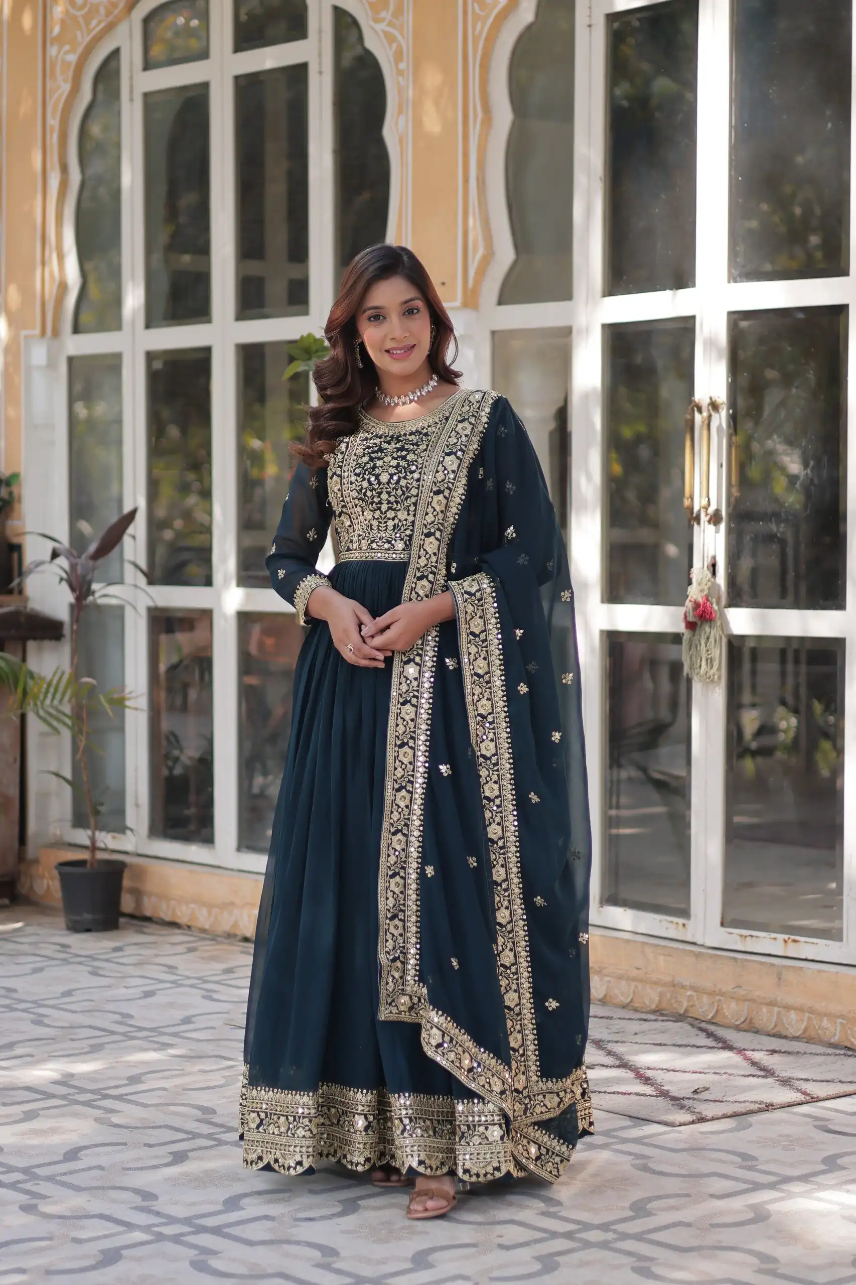 KA 1153 Teal Faux Blooming Gown with Embroidery Work & Zari Work. Available at ₹2599 only. Delivery 4-6 Working Days. Shop now. | Bollywood Gowns, Creative Gowns, Designer Gowns, Embroidered Gowns, Gowns, Party Wear Gowns