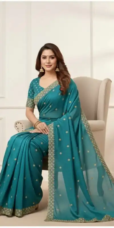 JR 659 Teal in Color Star Georgette Embroidery Work Saree . Available at ₹1799 only. Delivery 4-6 Working Days. Shop now. | Creative Sarees, Embroidered Sarees, Bollywood Sarees, Designer Sarees, Ethnic Saree, Modern Digital sarees, Party Wear Sarees, Sarees