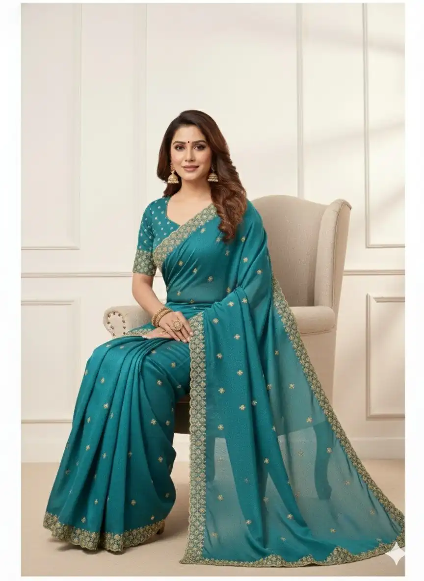 JR 659 Teal in Color Star Georgette Embroidery Work Saree . Available at ₹1799 only. Delivery 4-6 Working Days. Shop now. | Creative Sarees, Embroidered Sarees, Bollywood Sarees, Designer Sarees, Ethnic Saree, Modern Digital sarees, Party Wear Sarees, Sarees