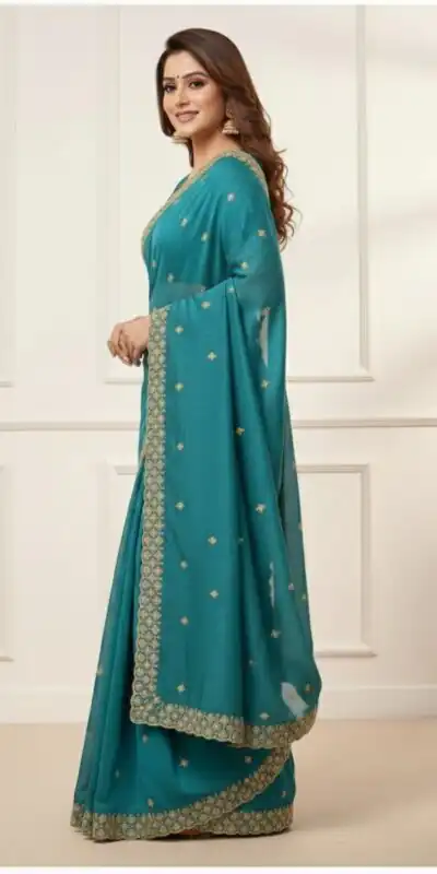 JR 659 Teal in Color Star Georgette Embroidery Work Saree . Available at ₹1799 only. Delivery 4-6 Working Days. Shop now. | Creative Sarees, Embroidered Sarees, Bollywood Sarees, Designer Sarees, Ethnic Saree, Modern Digital sarees, Party Wear Sarees, Sarees