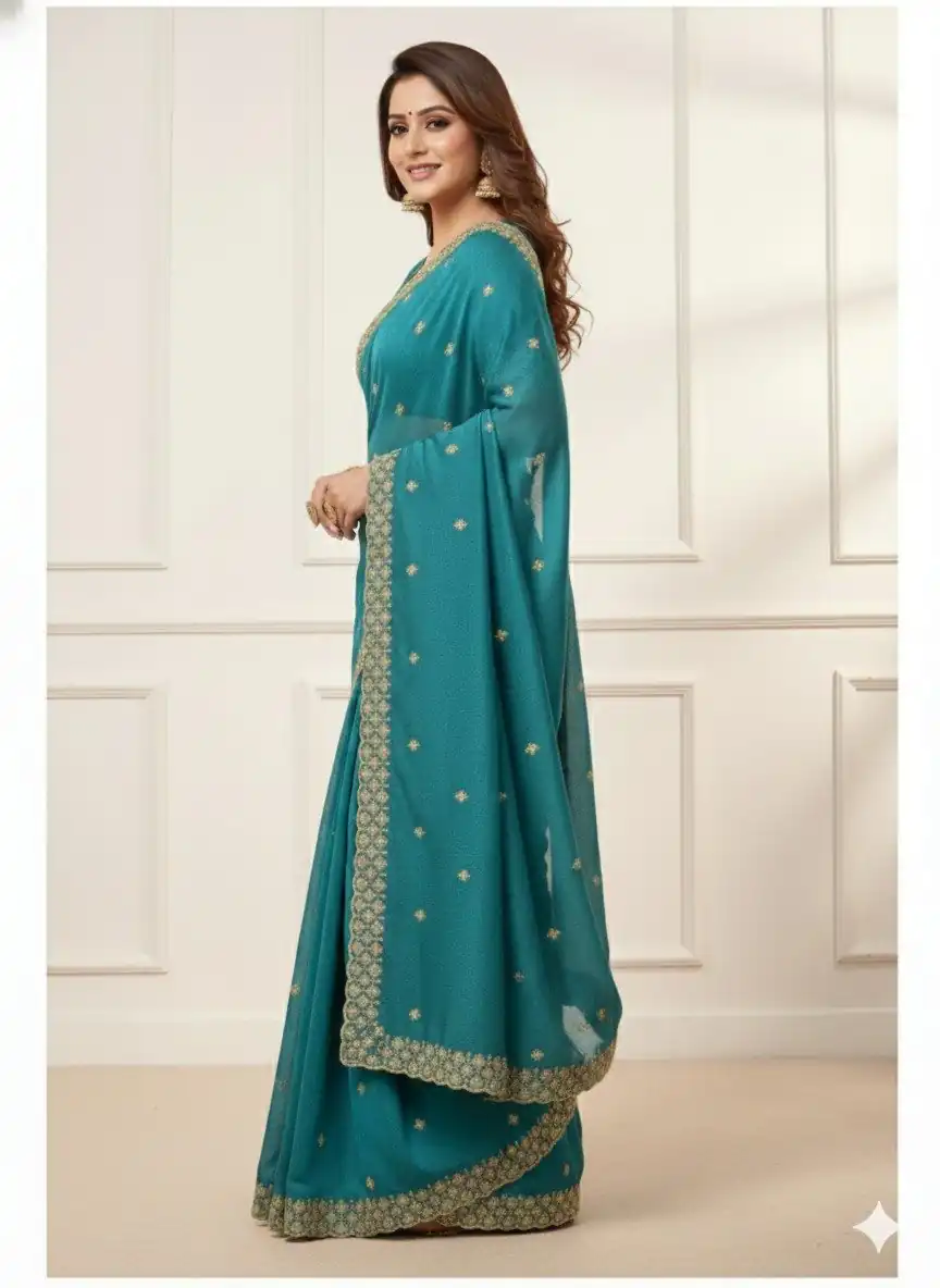JR 659 Teal in Color Star Georgette Embroidery Work Saree . Available at ₹1799 only. Delivery 4-6 Working Days. Shop now. | Creative Sarees, Embroidered Sarees, Bollywood Sarees, Designer Sarees, Ethnic Saree, Modern Digital sarees, Party Wear Sarees, Sarees