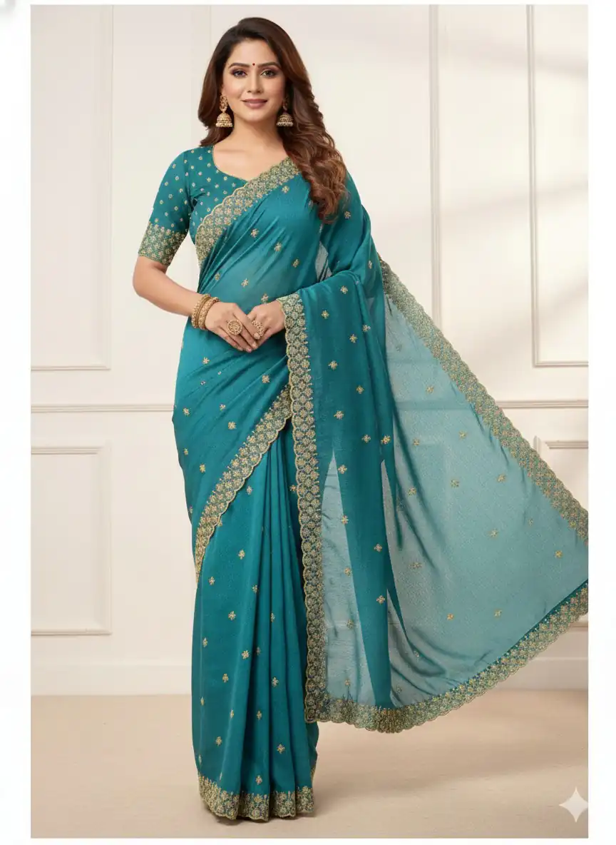 JR 659 Teal in Color Star Georgette Embroidery Work Saree . Available at ₹1799 only. Delivery 4-6 Working Days. Shop now. | Creative Sarees, Embroidered Sarees, Bollywood Sarees, Designer Sarees, Ethnic Saree, Modern Digital sarees, Party Wear Sarees, Sarees