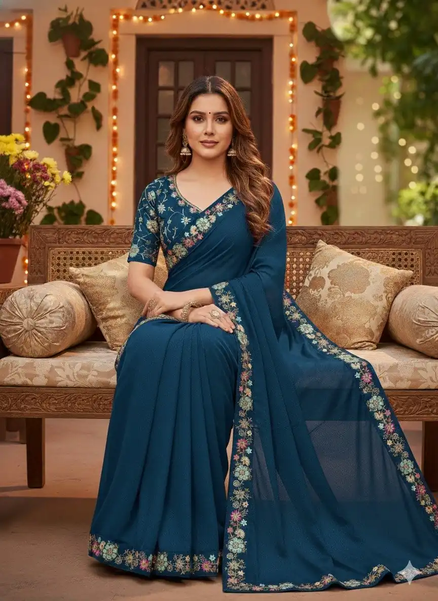 JR 658 Teal in Color Star Georgette ace Work & Embroidery Work Saree . Now at just ₹1699. Delivery 4-6 Working Days. Shop now. | Creative Sarees, Embroidered Sarees, Bollywood Sarees, Designer Sarees, Ethnic Saree, Modern Digital sarees, Party Wear Sarees, Sarees