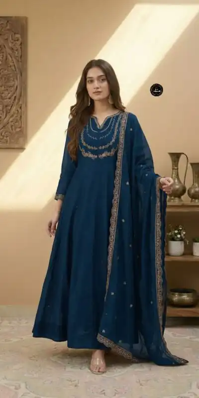 MF 912 Teal Color Vichitra Silk Gown with Sequence Work Designer Work. Get it for ₹1799. Delivery 4-6 Working Days. Shop now. | Bollywood Gowns, Creative Gowns, Designer Gowns, Embroidered Gowns, Gowns, Party Wear Gowns