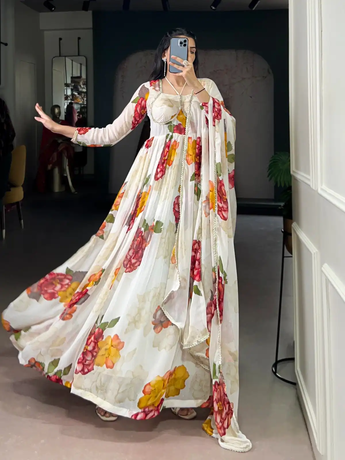 YNF 5103 White Lace Work Gown in Chiffon. Get it for ₹1899. Wedding, Party, Festive, Events Delivery 4-6 Working Days. Shop now. | Bollywood Gowns, Creative Gowns, Designer Gowns, Embroidered Gowns, Gowns, Party Wear Gowns