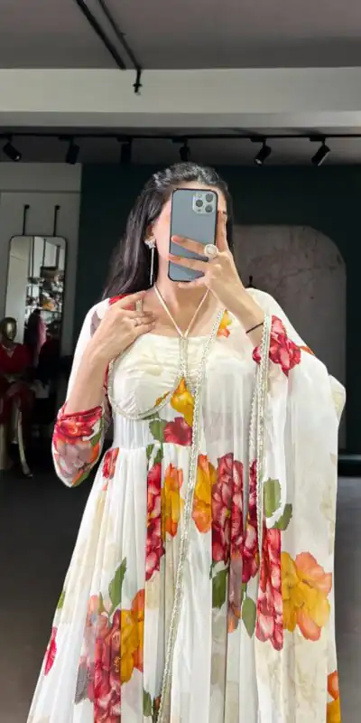 YNF 5103 White Lace Work Gown in Chiffon. Get it for ₹1899. Wedding, Party, Festive, Events Delivery 4-6 Working Days. Shop now. | Bollywood Gowns, Creative Gowns, Designer Gowns, Embroidered Gowns, Gowns, Party Wear Gowns