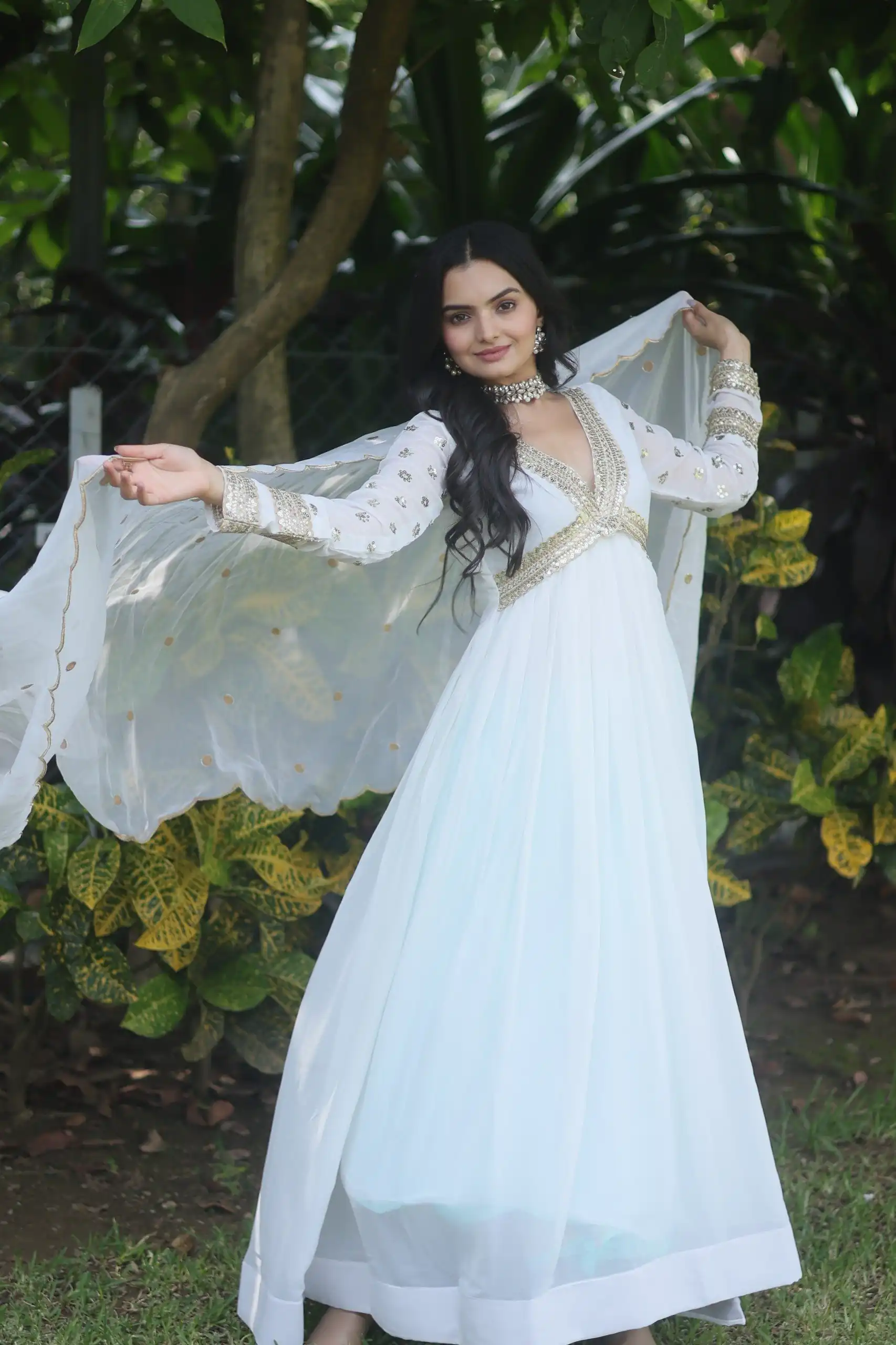 KA 1067 White Faux Blooming Gown Perfect for Wedding, Party, Haldi, Raksha Bandhan, Traditional Day – . Exclusive Offer ₹1849. Delivery 4-6 Working Da | Bollywood Gowns, Creative Gowns, Designer Gowns, Embroidered Gowns, Gowns, Party Wear Gowns