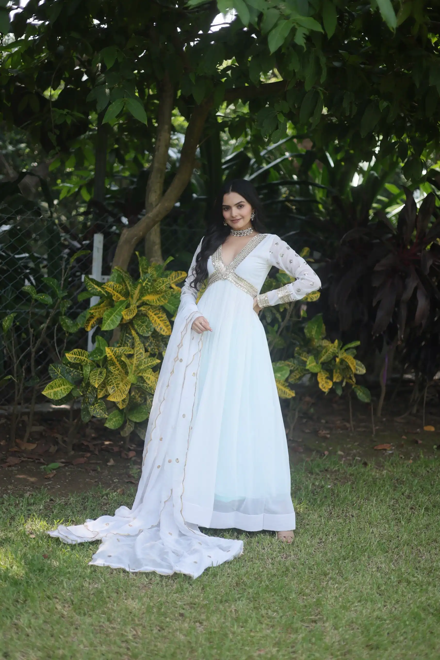 KA 1067 White Faux Blooming Gown Perfect for Wedding, Party, Haldi, Raksha Bandhan, Traditional Day – . Exclusive Offer ₹1849. Delivery 4-6 Working Da | Bollywood Gowns, Creative Gowns, Designer Gowns, Embroidered Gowns, Gowns, Party Wear Gowns
