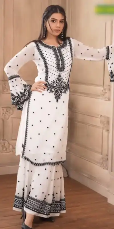 DC 111 White Fox Georgette Salwar Suit with Embroidery Work & Thread Embroidery. Available at ₹2449 only. Delivery 4-6 Working Days. Shop now. | Casual Suits, Jump Suits, Tops & Bottoms, Track Suits, Trendy Wear, Creative suits, Designer Suits, Palazzo Suits, Party Wear Suits, Patiala Suits, Salwar suit, Straight Suits