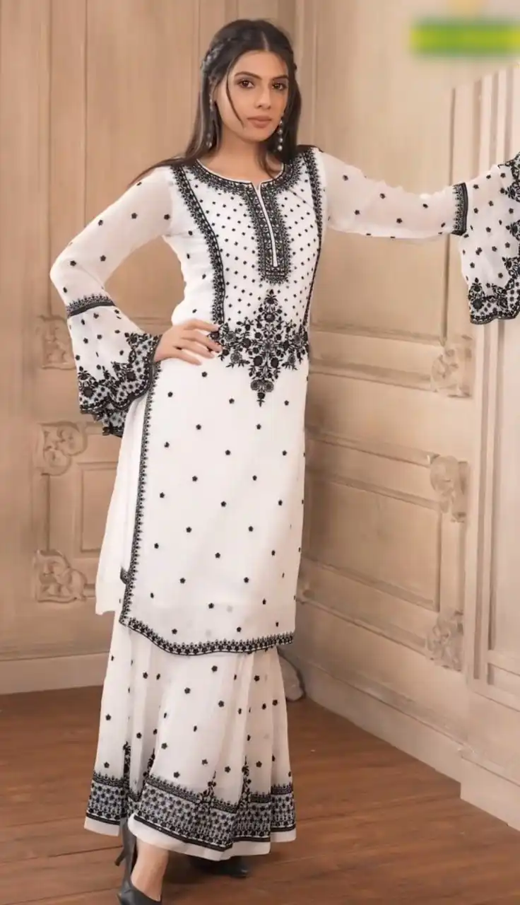 DC 111 White Fox Georgette Salwar Suit with Embroidery Work & Thread Embroidery. Available at ₹2449 only. Delivery 4-6 Working Days. Shop now. | Casual Suits, Jump Suits, Tops & Bottoms, Track Suits, Trendy Wear, Creative suits, Designer Suits, Palazzo Suits, Party Wear Suits, Patiala Suits, Salwar suit, Straight Suits