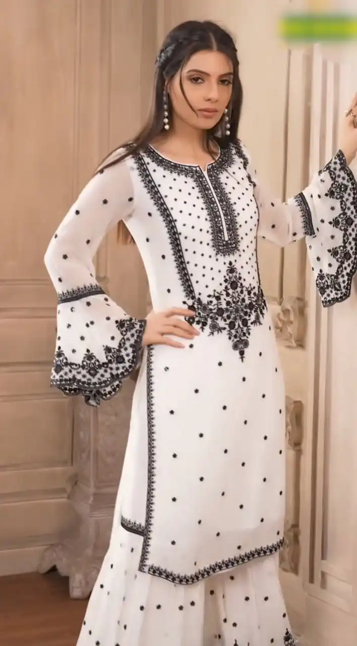 DC 111 White Fox Georgette Salwar Suit with Embroidery Work & Thread Embroidery. Available at ₹2449 only. Delivery 4-6 Working Days. Shop now. | Casual Suits, Jump Suits, Tops & Bottoms, Track Suits, Trendy Wear, Creative suits, Designer Suits, Palazzo Suits, Party Wear Suits, Patiala Suits, Salwar suit, Straight Suits