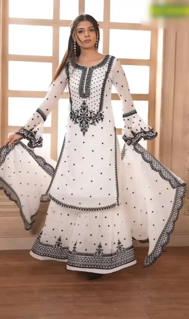 DC 111 White Fox Georgette Salwar Suit with Embroidery Work & Thread Embroidery. Available at ₹2449 only. Delivery 4-6 Working Days. Shop now. | Casual Suits, Jump Suits, Tops & Bottoms, Track Suits, Trendy Wear, Creative suits, Designer Suits, Palazzo Suits, Party Wear Suits, Patiala Suits, Salwar suit, Straight Suits