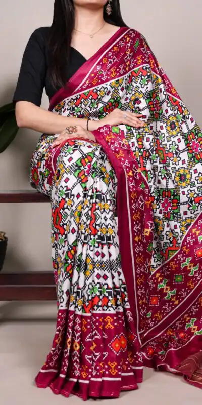 YNF 7801 White Gaji Silk Saree with Patola Print. Wedding, Party, Festive, Events, Best Price ₹2999. Delivery 4-6 Working Days. Shop now. | Creative Sarees, Embroidered Sarees, Bollywood Sarees, Designer Sarees, Ethnic Saree, Modern Digital sarees, Party Wear Sarees, Sarees