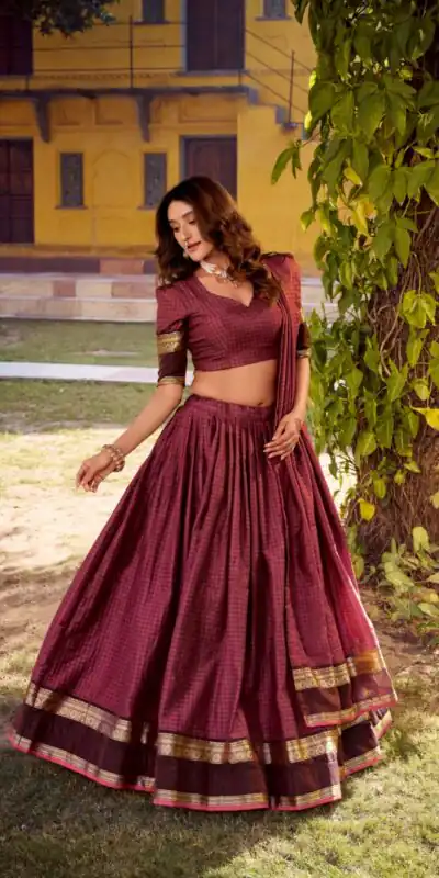 LNB 1900 Wine Color Chettinad Cotton Chex Zari Work Lehenga Choli . Now at just ₹3249. Delivery 4-6 Working Days. Shop now. | Bollywood Lehenga, Creative Lehenga, Designer Lehenga, Embroidered Lehenga, Lehenga, Party Wear Lehenga