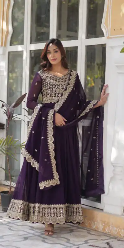 KA 1137 Wine Color Faux Blooming Gown with Embroidery Work & Zari Work. Best Price ₹2599. Delivery 4-6 Working Days. Shop now. | Bollywood Gowns, Creative Gowns, Designer Gowns, Embroidered Gowns, Gowns, Party Wear Gowns