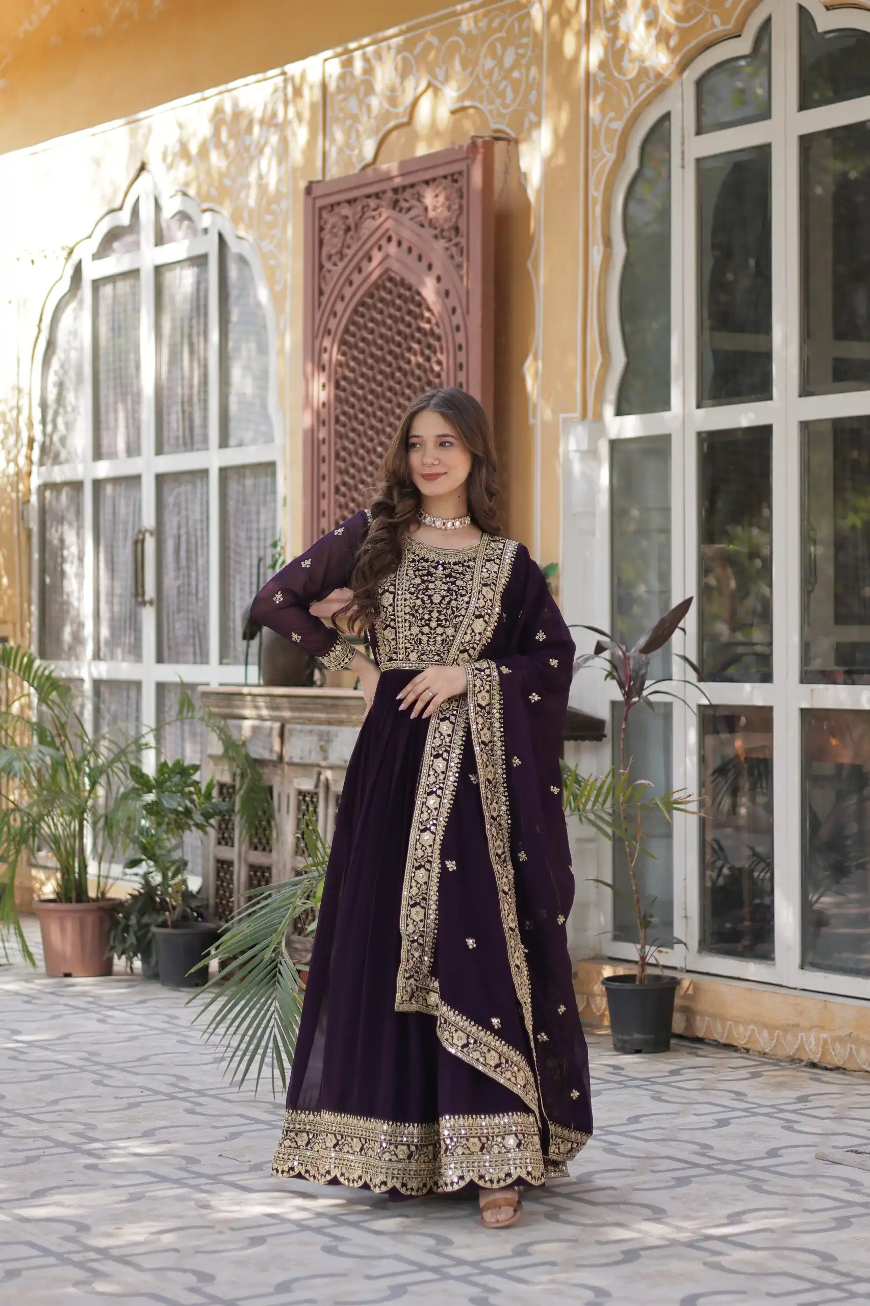 KA 1153 Wine Faux Blooming Gown with Embroidery Work & Zari Work. Available at ₹2599 only. Delivery 4-6 Working Days. Shop now. | Bollywood Gowns, Creative Gowns, Designer Gowns, Embroidered Gowns, Gowns, Party Wear Gowns
