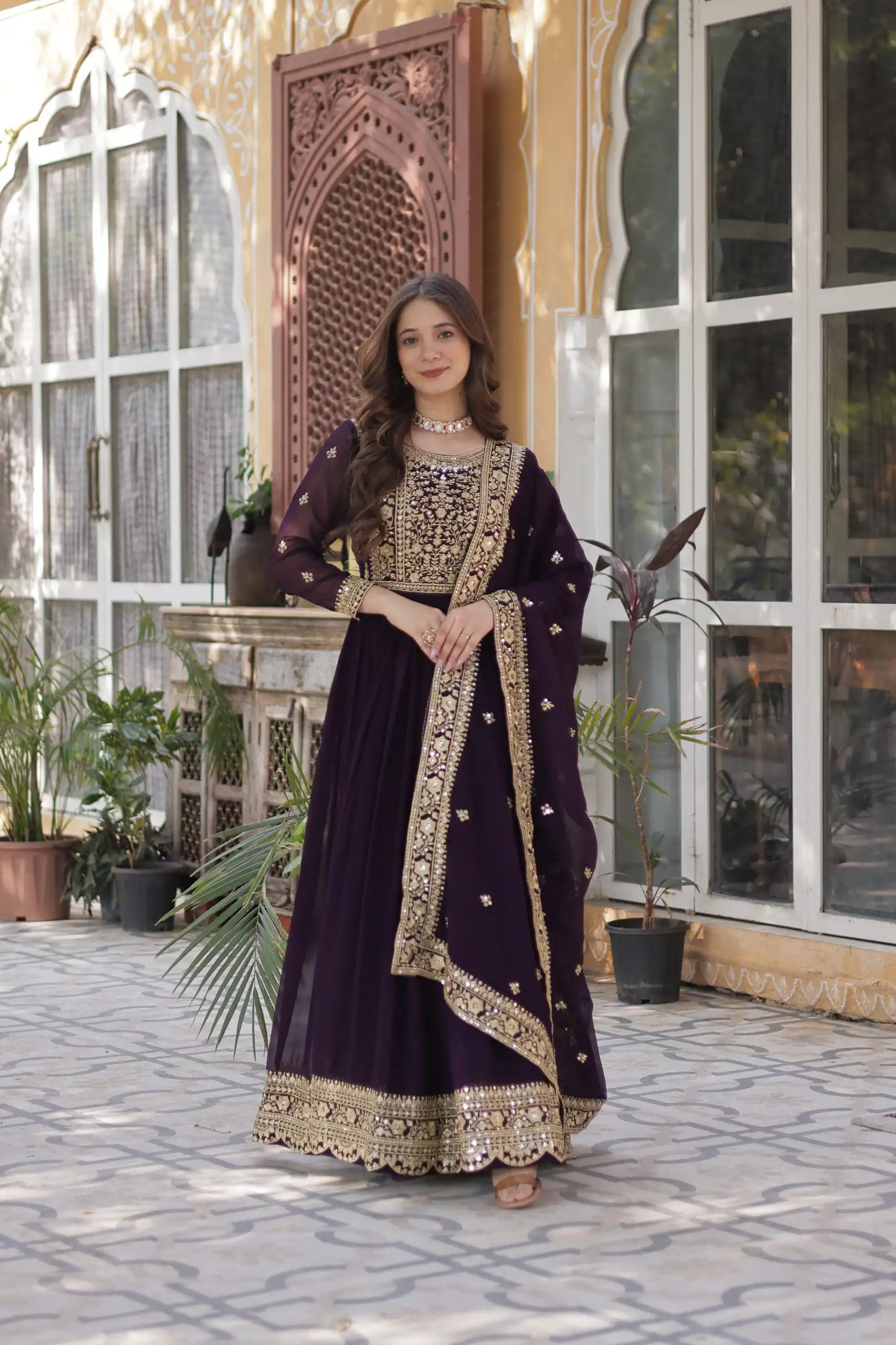 KA 1153 Wine Faux Blooming Gown with Embroidery Work & Zari Work. Available at ₹2599 only. Delivery 4-6 Working Days. Shop now. | Bollywood Gowns, Creative Gowns, Designer Gowns, Embroidered Gowns, Gowns, Party Wear Gowns