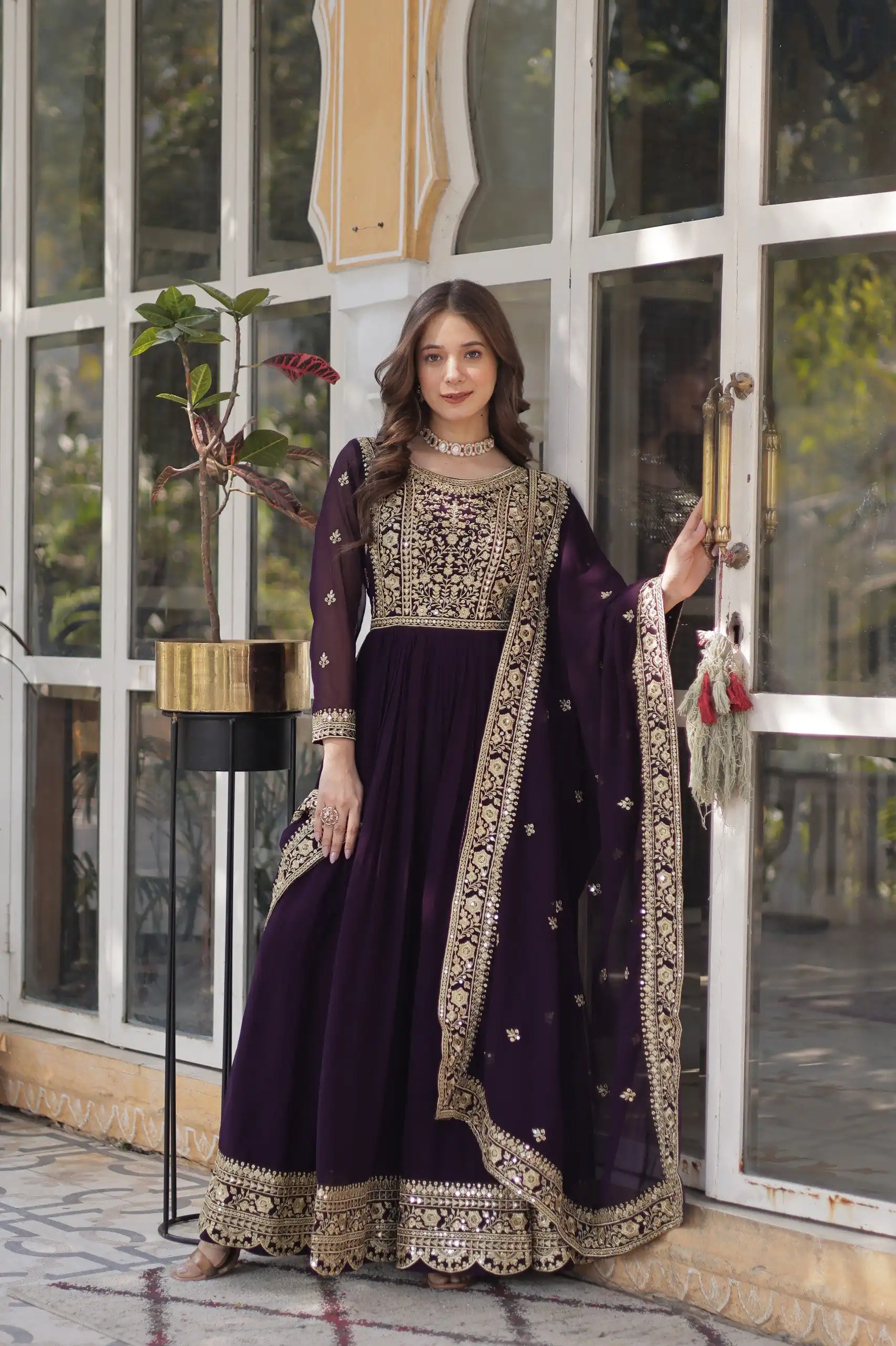 KA 1153 Wine Faux Blooming Gown with Embroidery Work & Zari Work. Available at ₹2599 only. Delivery 4-6 Working Days. Shop now. | Bollywood Gowns, Creative Gowns, Designer Gowns, Embroidered Gowns, Gowns, Party Wear Gowns
